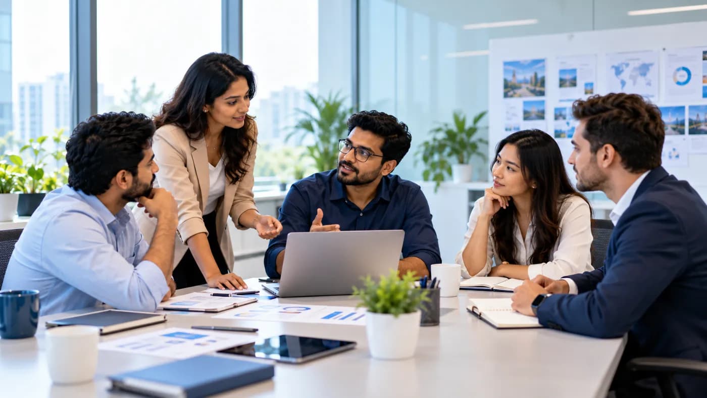Colleagues discussing a learning technology project around a meeting table