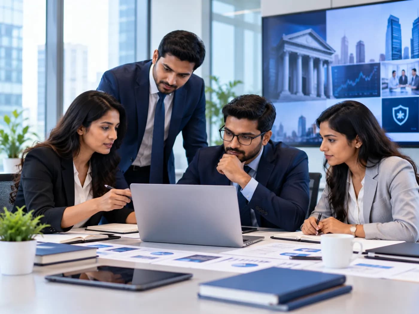Financial services professionals reviewing training material together