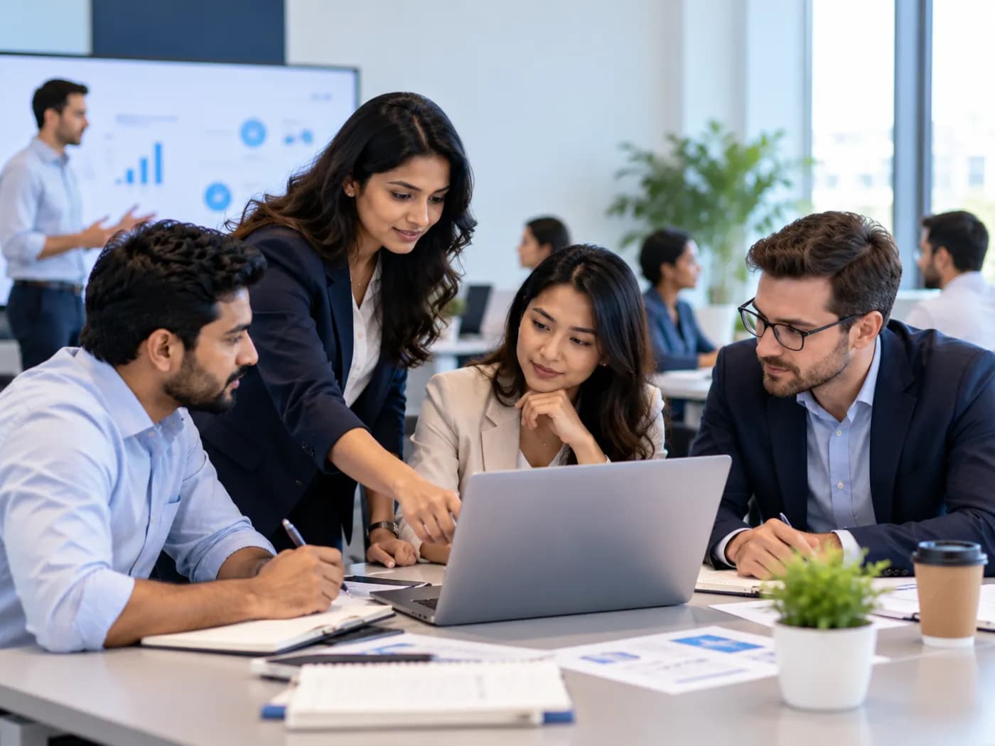 Professionals collaborating around a laptop during a workplace training session