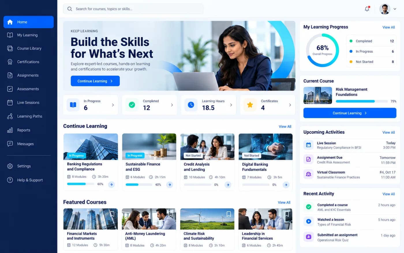 Concept of the LERNOVIQ LMS learner dashboard with course library and progress overview