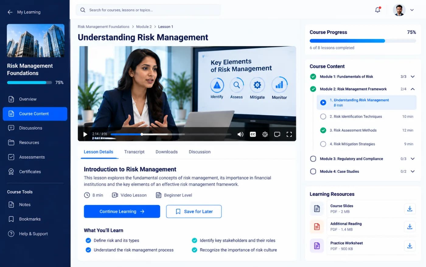 Concept of a learner course page with video lesson, module list and course progress