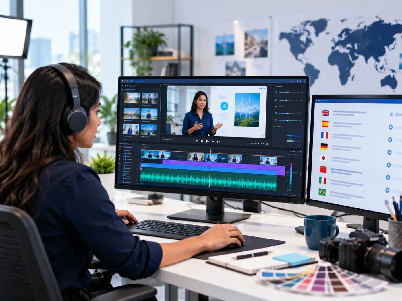 A producer editing a training video with subtitle and audio tracks