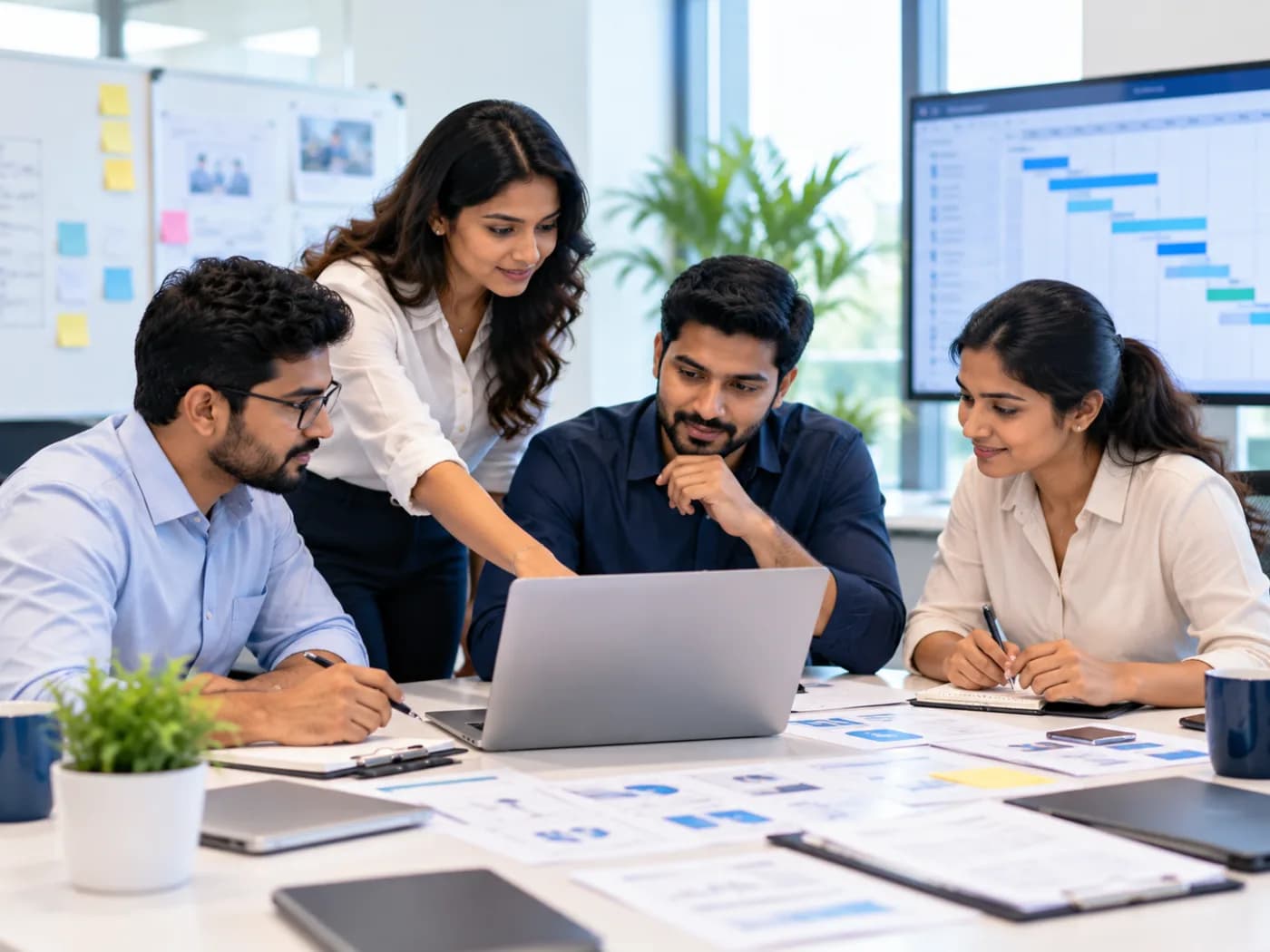 A learning operations team reviewing a project timeline on a laptop